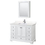 Wyndham Collection - Deborah 48 Inch Single Bathroom Vanity in White, Carrara Cultured Marble Countertop, Undermount Square Sink, Medicine Cabinet