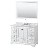 Wyndham Collection - Deborah 48 Inch Single Bathroom Vanity in White, White Carrara Marble Countertop, Undermount Oval Sink, and 46 Inch Mirror - White
