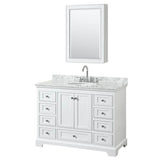 Wyndham Collection - Deborah 48 Inch Single Bathroom Vanity in White, White Carrara Marble Countertop, Undermount Oval Sink, and Medicine Cabinet - White