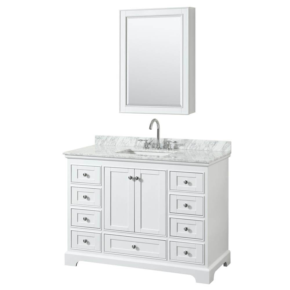 Wyndham Collection - Deborah 48 Inch Single Bathroom Vanity in White, White Carrara Marble Countertop, Undermount Square Sink, and Medicine Cabinet - White