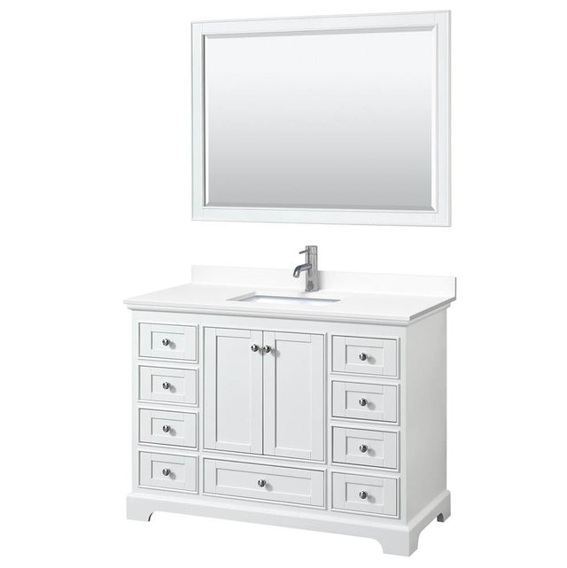 Wyndham Collection - Deborah 48 Inch Single Bathroom Vanity in White, White Cultured Marble Countertop, Undermount Square Sink, 46 Inch Mirror