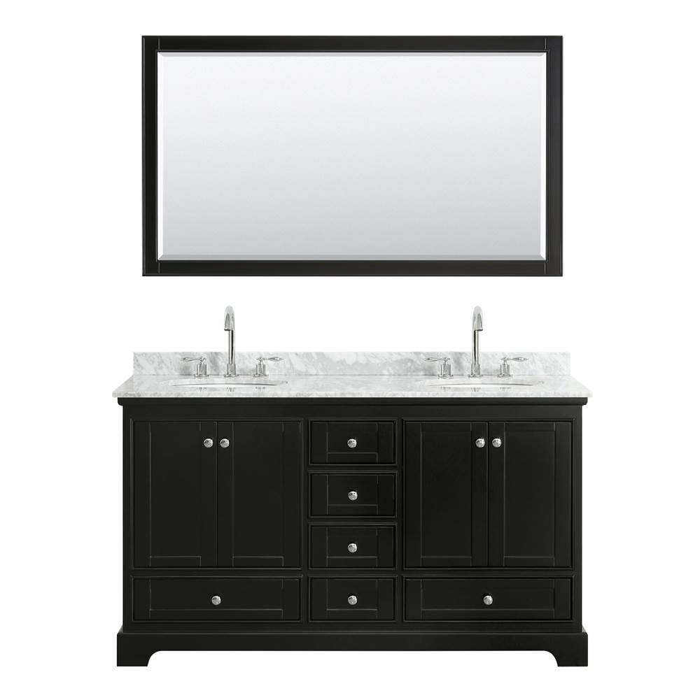 Deborah 60 Inch Double Bathroom Vanity in Dark Espresso, White Carrara Marble Countertop, Undermount Oval Sinks, and 58 Inch Mirror