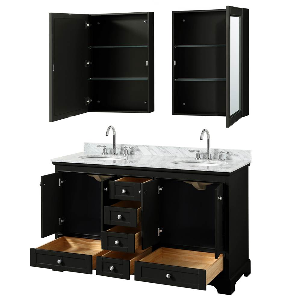 Deborah 60 Inch Double Bathroom Vanity in Dark Espresso, White Carrara Marble Countertop, Undermount Oval Sinks, and Medicine Cabinets