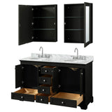 Deborah 60 Inch Double Bathroom Vanity in Dark Espresso, White Carrara Marble Countertop, Undermount Oval Sinks, and Medicine Cabinets