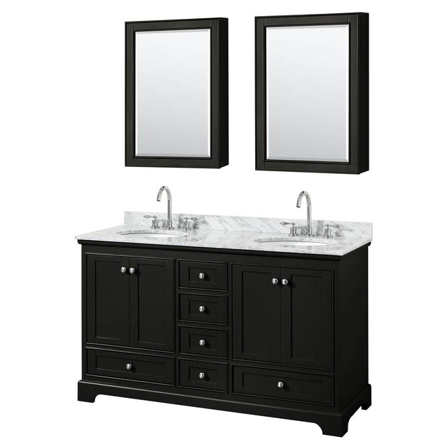 Wyndham Collection - Deborah 60 Inch Double Bathroom Vanity in Dark Espresso, White Carrara Marble Countertop, Undermount Oval Sinks, and Medicine Cabinets - Dark Espresso
