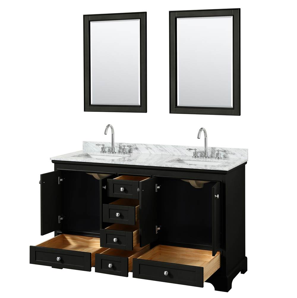 Deborah 60 Inch Double Bathroom Vanity in Dark Espresso, White Carrara Marble Countertop, Undermount Square Sinks, and 24 Inch Mirrors