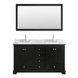 Deborah 60 Inch Double Bathroom Vanity in Dark Espresso, White Carrara Marble Countertop, Undermount Square Sinks, and 58 Inch Mirror