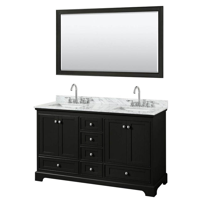 Wyndham Collection - Deborah 60 Inch Double Bathroom Vanity in Dark Espresso, White Carrara Marble Countertop, Undermount Square Sinks, and 58 Inch Mirror - Dark Espresso