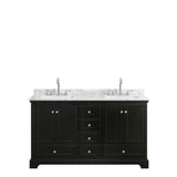 Deborah 60 Inch Double Bathroom Vanity in Dark Espresso, White Carrara Marble Countertop, Undermount Square Sinks, and No Mirrors