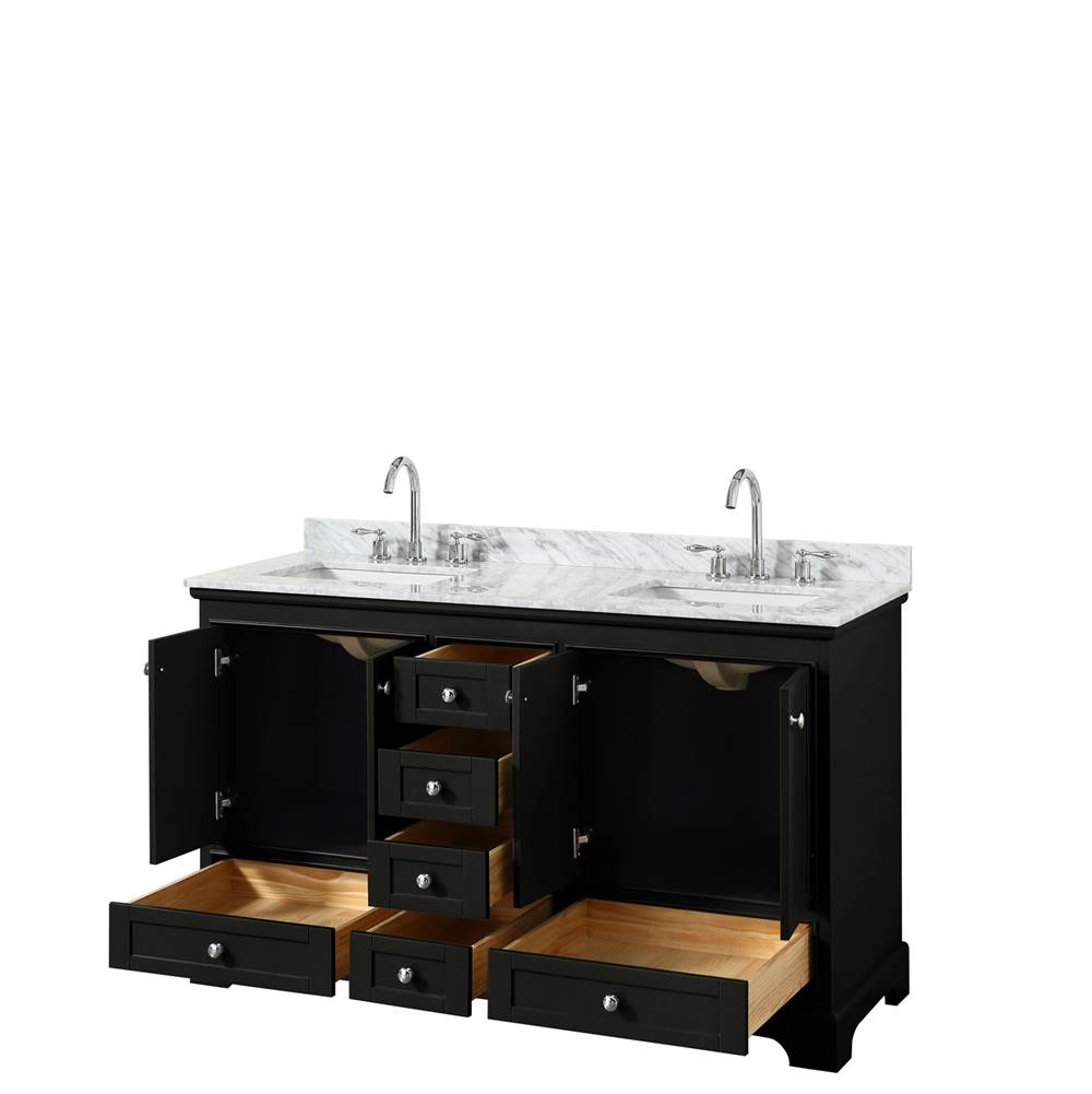 Deborah 60 Inch Double Bathroom Vanity in Dark Espresso, White Carrara Marble Countertop, Undermount Square Sinks, and No Mirrors