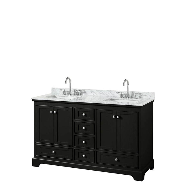 Wyndham Collection - Deborah 60 Inch Double Bathroom Vanity in Dark Espresso, White Carrara Marble Countertop, Undermount Square Sinks, and No Mirrors - Dark Espresso
