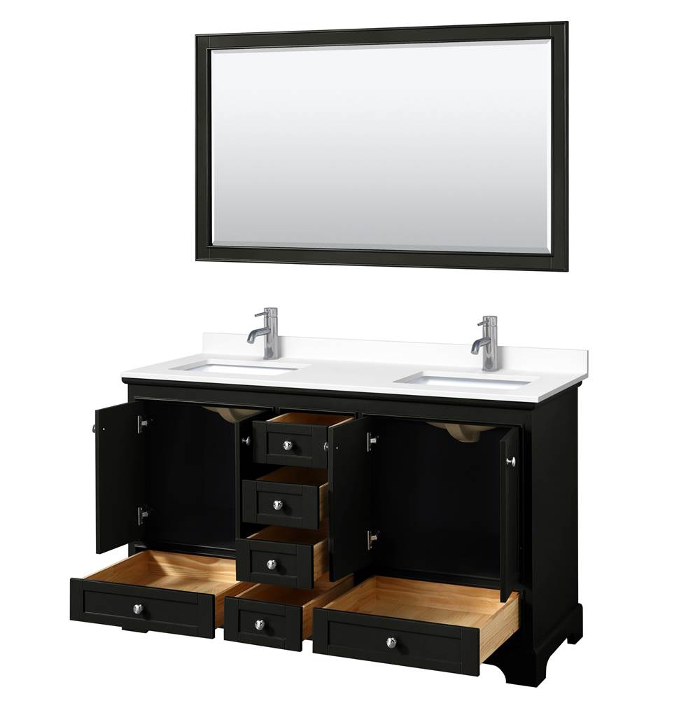 Deborah 60 Inch Double Bathroom Vanity in Dark Espresso, White Cultured Marble Countertop, Undermount Square Sinks, 58 Inch Mirror