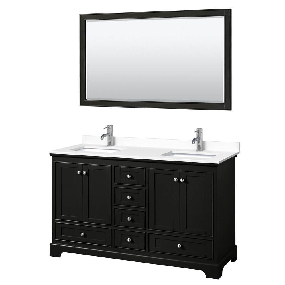 Wyndham Collection - Deborah 60 Inch Double Bathroom Vanity in Dark Espresso, White Cultured Marble Countertop, Undermount Square Sinks, 58 Inch Mirror