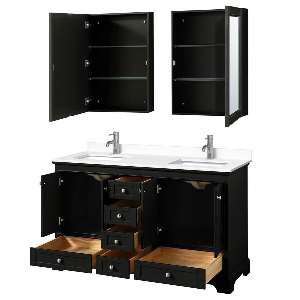 Deborah 60 Inch Double Bathroom Vanity in Dark Espresso, White Cultured Marble Countertop, Undermount Square Sinks, Medicine Cabinets