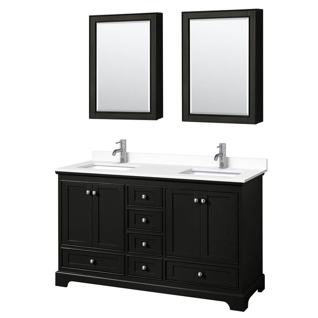 Wyndham Collection - Deborah 60 Inch Double Bathroom Vanity in Dark Espresso, White Cultured Marble Countertop, Undermount Square Sinks, Medicine Cabinets