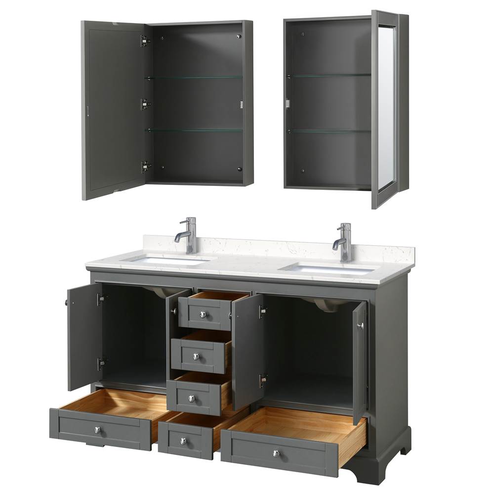 Deborah 60 Inch Double Bathroom Vanity in Dark Gray, Carrara Cultured Marble Countertop, Undermount Square Sinks, Medicine Cabinets