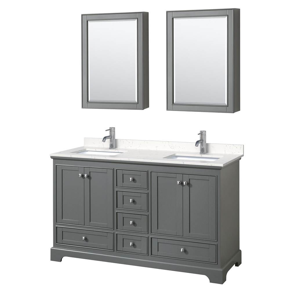 Wyndham Collection - Deborah 60 Inch Double Bathroom Vanity in Dark Gray, Carrara Cultured Marble Countertop, Undermount Square Sinks, Medicine Cabinets