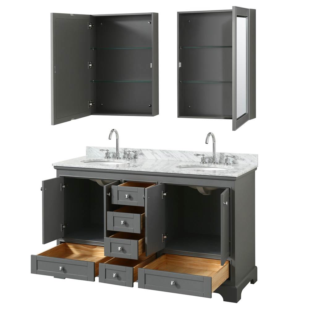 Deborah 60 Inch Double Bathroom Vanity in Dark Espresso, White Carrara Marble Countertop, Undermount Oval Sinks, and Medicine Cabinets