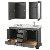 Deborah 60 Inch Double Bathroom Vanity in Dark Espresso, White Carrara Marble Countertop, Undermount Oval Sinks, and Medicine Cabinets
