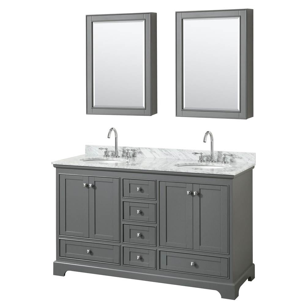 Wyndham Collection - Deborah 60 Inch Double Bathroom Vanity in Dark Gray, White Carrara Marble Countertop, Undermount Oval Sinks, and Medicine Cabinets - Dark Gray