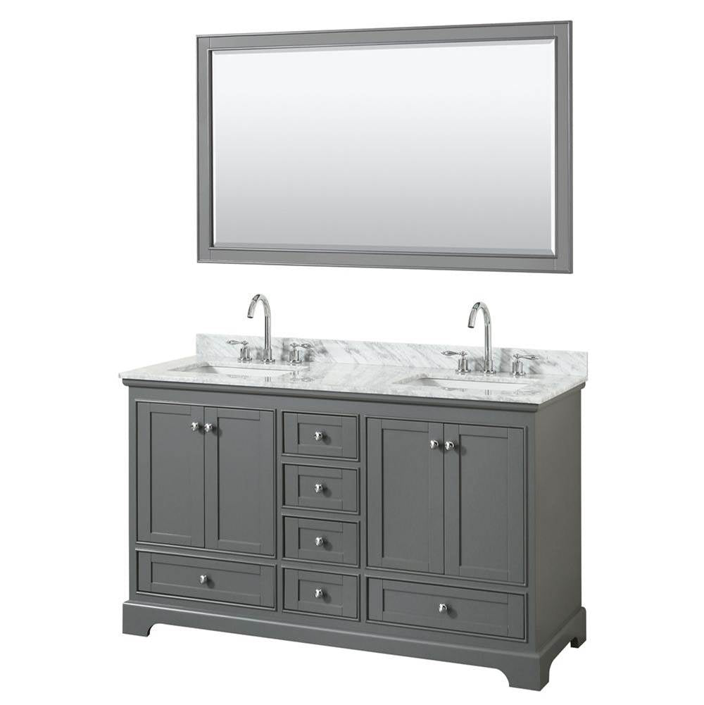 Wyndham Collection - Deborah 60 Inch Double Bathroom Vanity in Dark Gray, White Carrara Marble Countertop, Undermount Square Sinks, and 58 Inch Mirror - Dark Gray