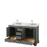 Deborah 60 Inch Double Bathroom Vanity in Dark Espresso, White Carrara Marble Countertop, Undermount Square Sinks, and No Mirrors