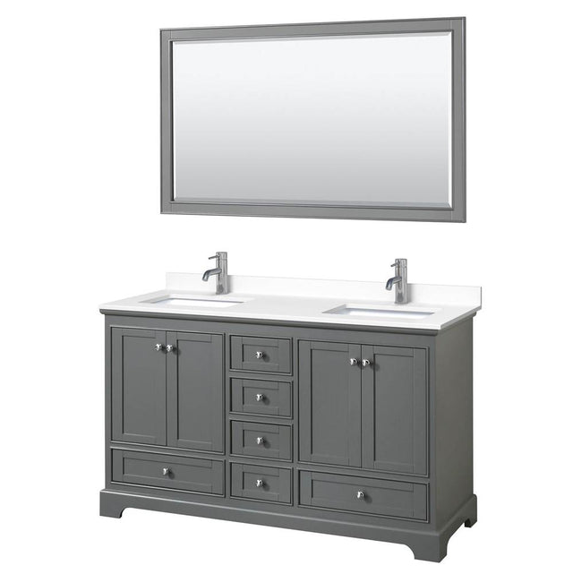 Wyndham Collection - Deborah 60 Inch Double Bathroom Vanity in Dark Gray, White Cultured Marble Countertop, Undermount Square Sinks, 58 Inch Mirror