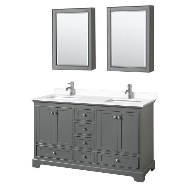 Wyndham Collection - Deborah 60 Inch Double Bathroom Vanity in Dark Gray, White Cultured Marble Countertop, Undermount Square Sinks, Medicine Cabinets
