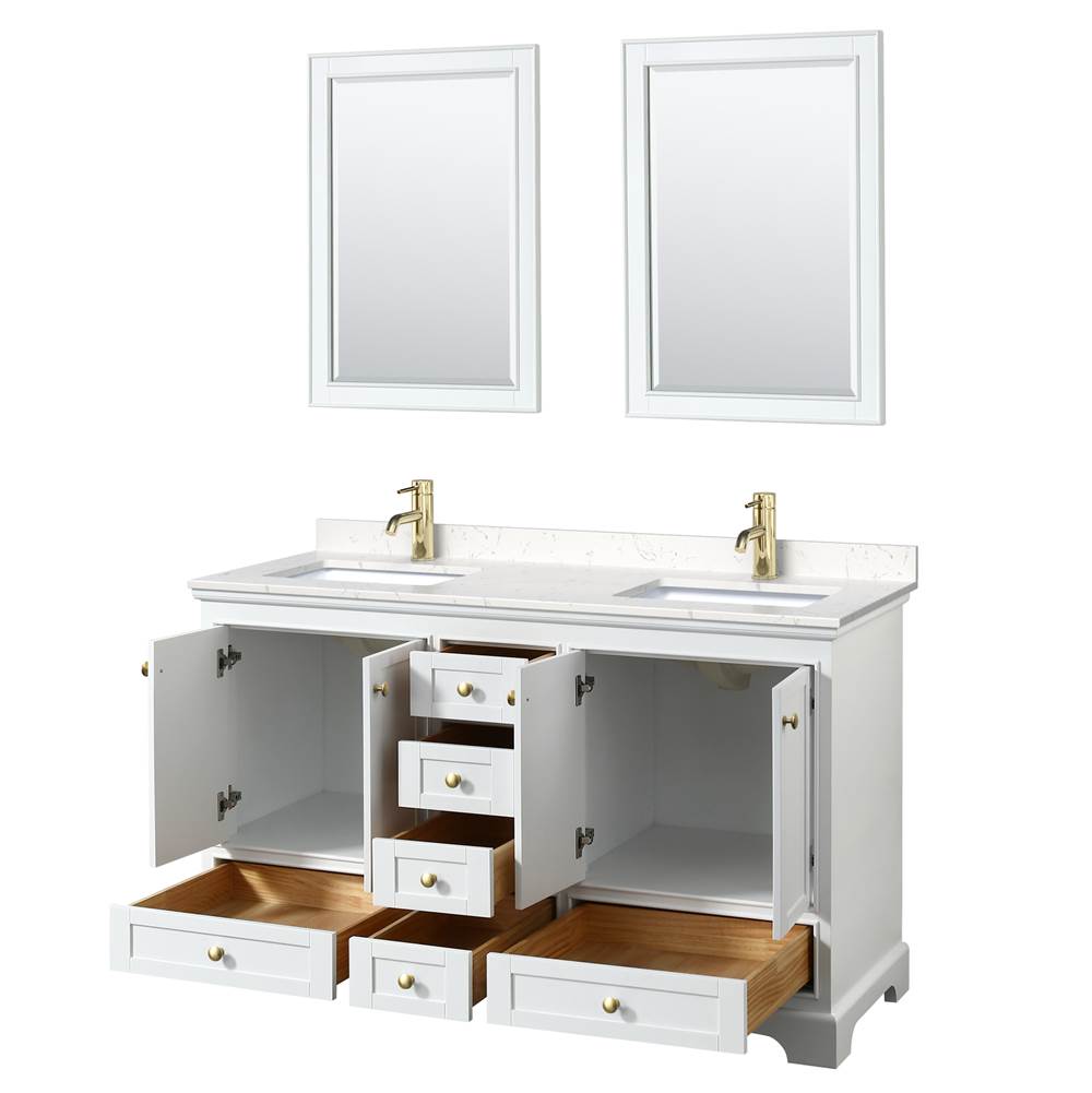 Deborah 60 Inch Double Bathroom Vanity in White, Carrara Cultured Marble Countertop, Undermount Square Sinks, Brushed Gold Trim, 24 Inch Mirrors