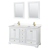 Wyndham Collection - Deborah 60 Inch Double Bathroom Vanity in White, Carrara Cultured Marble Countertop, Undermount Square Sinks, Brushed Gold Trim, 24 Inch Mirrors