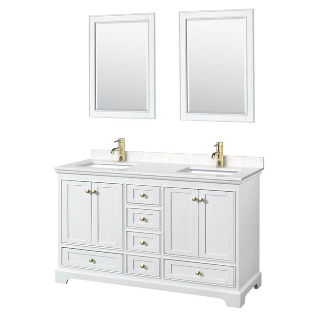 Wyndham Collection - Deborah 60 Inch Double Bathroom Vanity in White, Carrara Cultured Marble Countertop, Undermount Square Sinks, Brushed Gold Trim, 24 Inch Mirrors