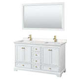 Wyndham Collection - Deborah 60 Inch Double Bathroom Vanity in White, Carrara Cultured Marble Countertop, Undermount Square Sinks, Brushed Gold Trim, 58 Inch Mirror