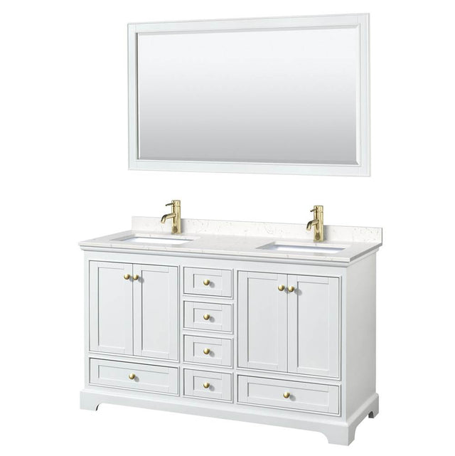 Wyndham Collection - Deborah 60 Inch Double Bathroom Vanity in White, Carrara Cultured Marble Countertop, Undermount Square Sinks, Brushed Gold Trim, 58 Inch Mirror