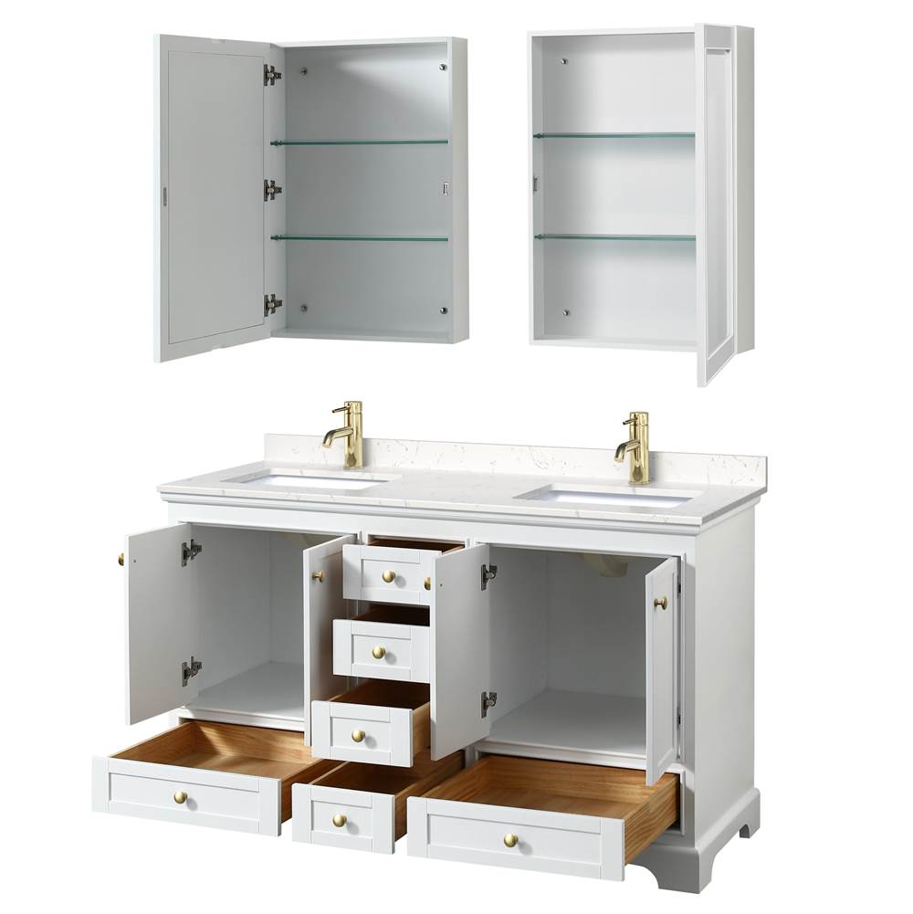 Deborah 60 Inch Double Bathroom Vanity in White, Carrara Cultured Marble Countertop, Undermount Square Sinks, Brushed Gold Trim, Medicine Cabinets