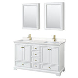 Wyndham Collection - Deborah 60 Inch Double Bathroom Vanity in White, Carrara Cultured Marble Countertop, Undermount Square Sinks, Brushed Gold Trim, Medicine Cabinets