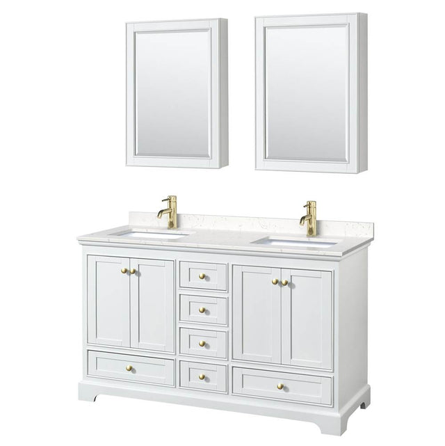 Wyndham Collection - Deborah 60 Inch Double Bathroom Vanity in White, Carrara Cultured Marble Countertop, Undermount Square Sinks, Brushed Gold Trim, Medicine Cabinets