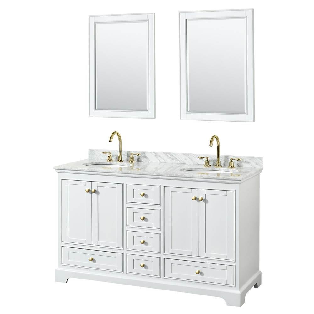 Wyndham Collection - Deborah 60 Inch Double Bathroom Vanity in White, White Carrara Marble Countertop, Undermount Oval Sinks, Brushed Gold Trim, 24 Inch Mirrors