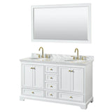 Wyndham Collection - Deborah 60 Inch Double Bathroom Vanity in White, White Carrara Marble Countertop, Undermount Oval Sinks, Brushed Gold Trim, 58 Inch Mirror