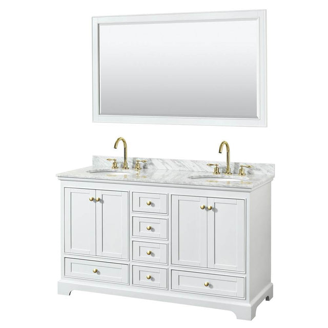 Wyndham Collection - Deborah 60 Inch Double Bathroom Vanity in White, White Carrara Marble Countertop, Undermount Oval Sinks, Brushed Gold Trim, 58 Inch Mirror
