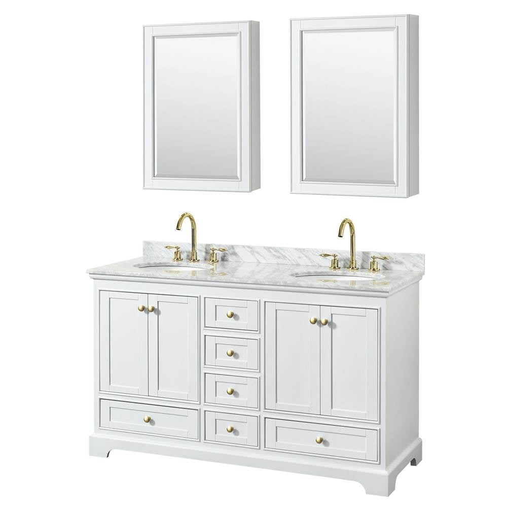 Wyndham Collection - Deborah 60 Inch Double Bathroom Vanity in White, White Carrara Marble Countertop, Undermount Oval Sinks, Brushed Gold Trim, Medicine Cabinets