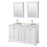 Wyndham Collection - Deborah 60 Inch Double Bathroom Vanity in White, White Carrara Marble Countertop, Undermount Oval Sinks, Brushed Gold Trim, Medicine Cabinets