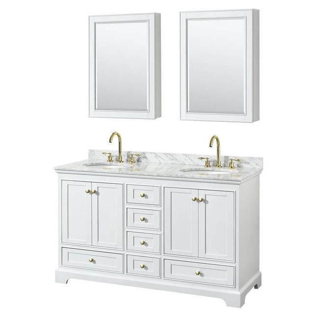 Wyndham Collection - Deborah 60 Inch Double Bathroom Vanity in White, White Carrara Marble Countertop, Undermount Oval Sinks, Brushed Gold Trim, Medicine Cabinets