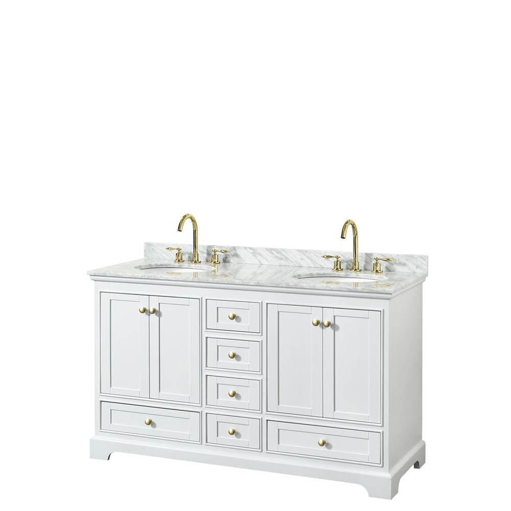 Wyndham Collection - Deborah 60 Inch Double Bathroom Vanity in White, White Carrara Marble Countertop, Undermount Oval Sinks, Brushed Gold Trim, No Mirrors