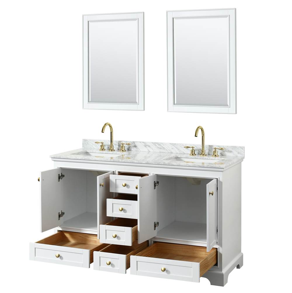 Deborah 60 Inch Double Bathroom Vanity in White, White Carrara Marble Countertop, Undermount Square Sinks, Brushed Gold Trim, 24 Inch Mirrors