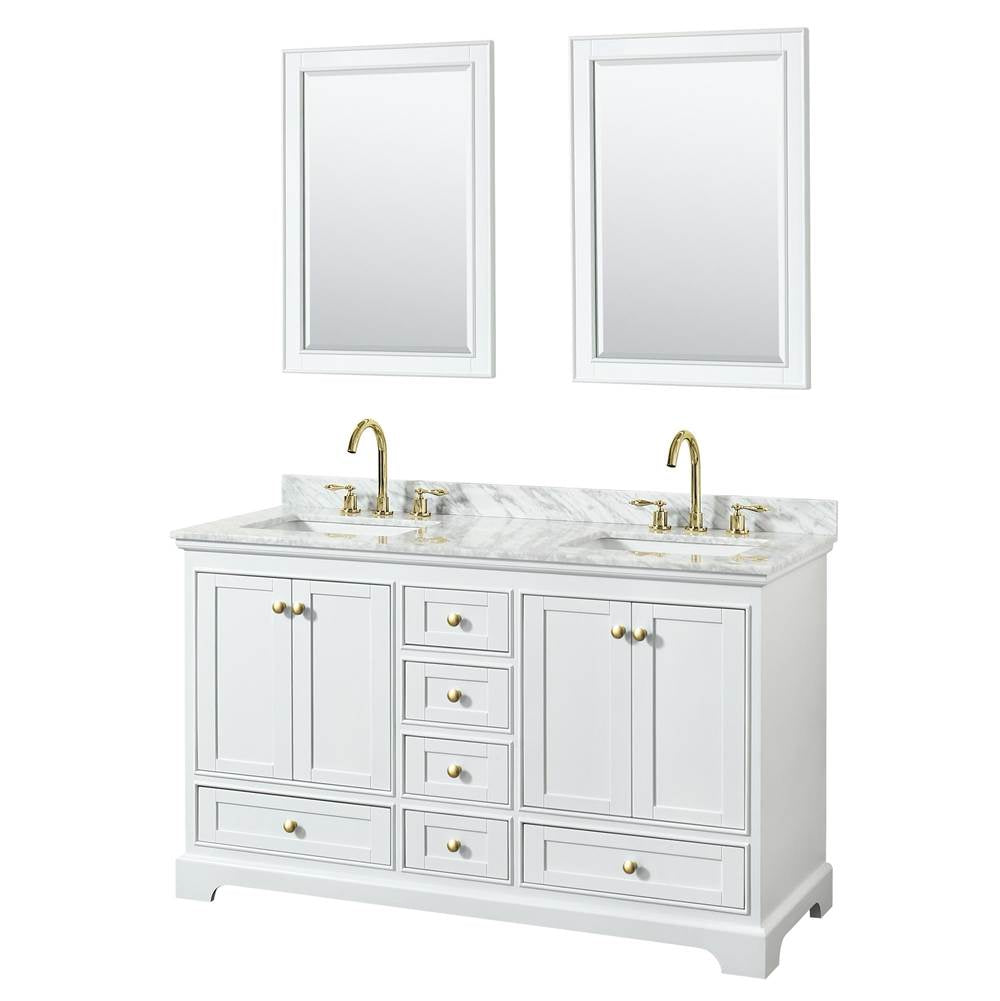 Wyndham Collection - Deborah 60 Inch Double Bathroom Vanity in White, White Carrara Marble Countertop, Undermount Square Sinks, Brushed Gold Trim, 24 Inch Mirrors