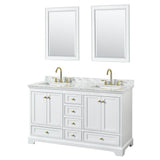 Wyndham Collection - Deborah 60 Inch Double Bathroom Vanity in White, White Carrara Marble Countertop, Undermount Square Sinks, Brushed Gold Trim, 24 Inch Mirrors