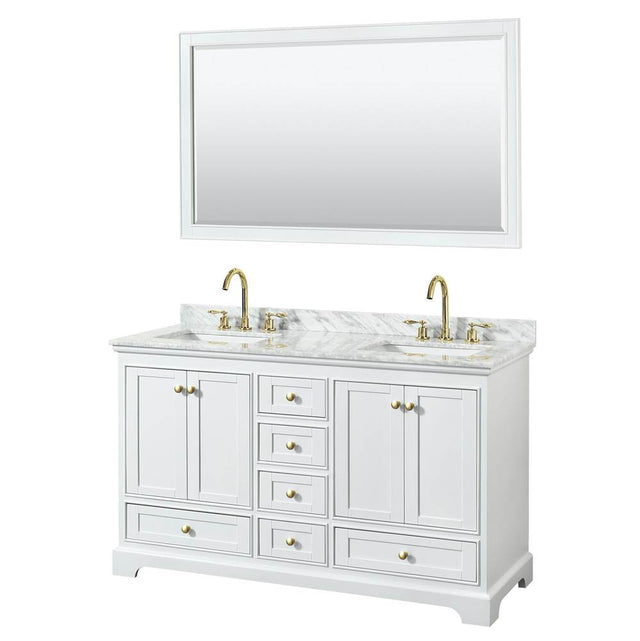 Wyndham Collection - Deborah 60 Inch Double Bathroom Vanity in White, White Carrara Marble Countertop, Undermount Square Sinks, Brushed Gold Trim, 58 Inch Mirror