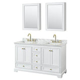 Wyndham Collection - Deborah 60 Inch Double Bathroom Vanity in White, White Carrara Marble Countertop, Undermount Square Sinks, Brushed Gold Trim, Medicine Cabinets