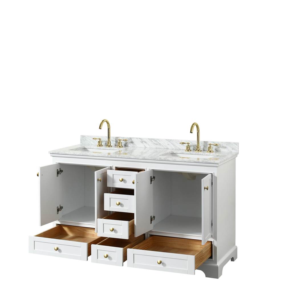 Deborah 60 Inch Double Bathroom Vanity in White, White Carrara Marble Countertop, Undermount Square Sinks, Brushed Gold Trim, No Mirror