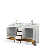 Deborah 60 Inch Double Bathroom Vanity in White, White Carrara Marble Countertop, Undermount Square Sinks, Brushed Gold Trim, No Mirror